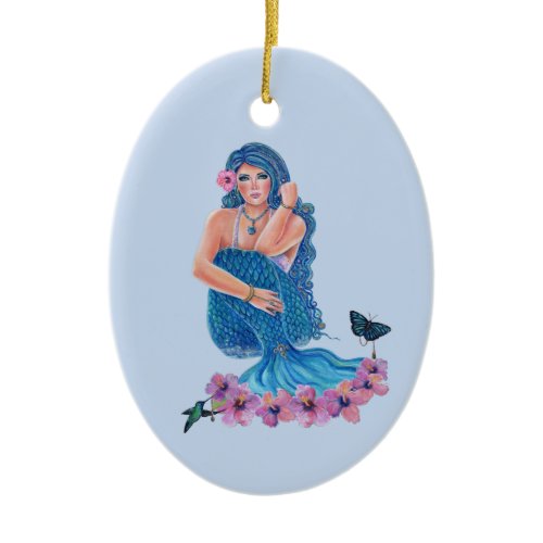 mermaid with flowers and hummingbird art by Renee  Ceramic Ornament