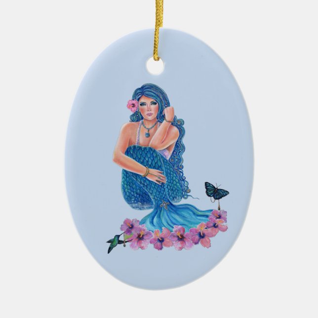 mermaid with flowers and hummingbird art by Renee  Ceramic Ornament (Front)