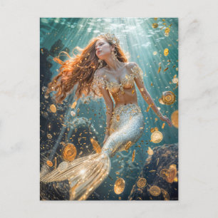 Mermaid with Golden Tail and coins in Sunlight Holiday Postcard