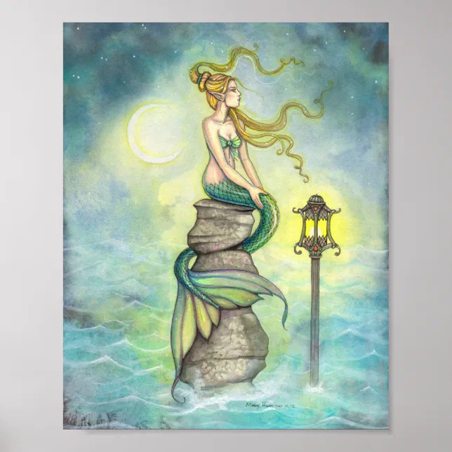 Mermaid with Moon and Lantern Fantasy Art Poster | Zazzle
