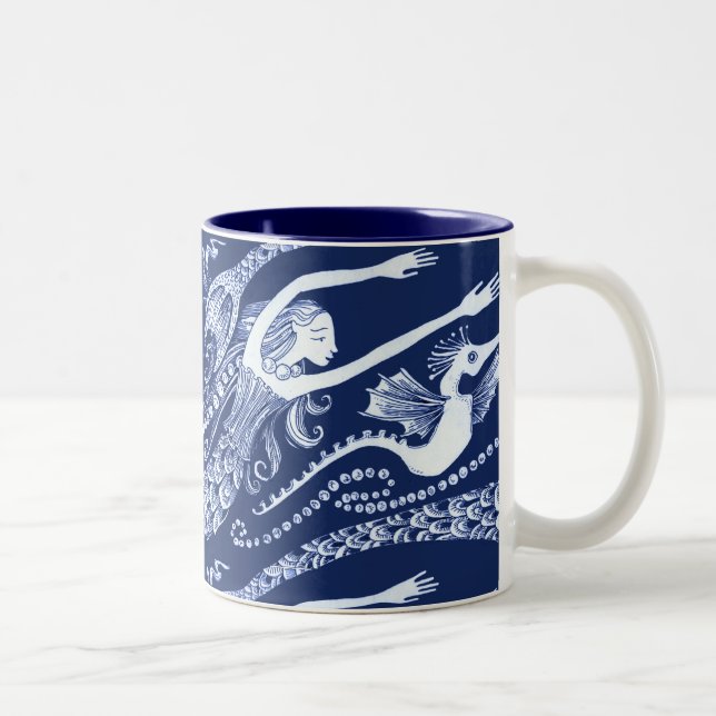 Mermaid with Pearls and Seahorse Two-Tone Coffee Mug (Right)