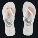 Mermaid with Pink Hair and Monogram Flip Flops<br><div class="desc">Calling all mermaids! This feminine design features a beautiful mermaid with long wavy pink hair floating over a matching neutral gray abstract dots pattern. Personalize with your monogram for an awesome pair of personalized flip flops. These make great bridesmaid gifts for beach or destination weddings.</div>