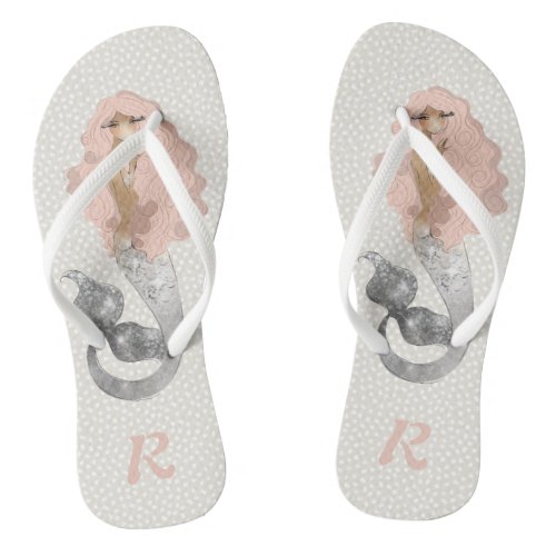 Mermaid with Pink Hair and Monogram Flip Flops