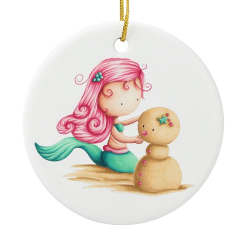 Mermaid with pink hair Christmas ornament. Ceramic Ornament