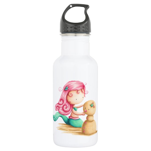 Mermaid with pink hair playing with the sand stainless steel water bottle (Front)