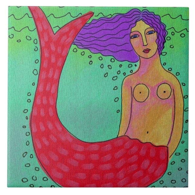 Mermaid with Purple Hair Abstract Digital Painting Ceramic Tile (Front)