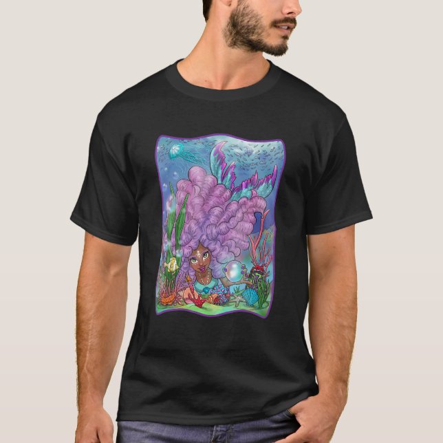 Mermaid With Purple Hair Swimming In Coral Reef T-Shirt (Front)