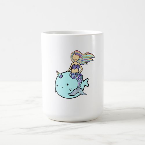 Mermaid with Rainbow Hair riding her Pet Narwhal Coffee Mug