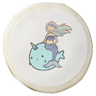 Mermaid with Rainbow Hair riding her Pet Narwhal Sugar Cookie