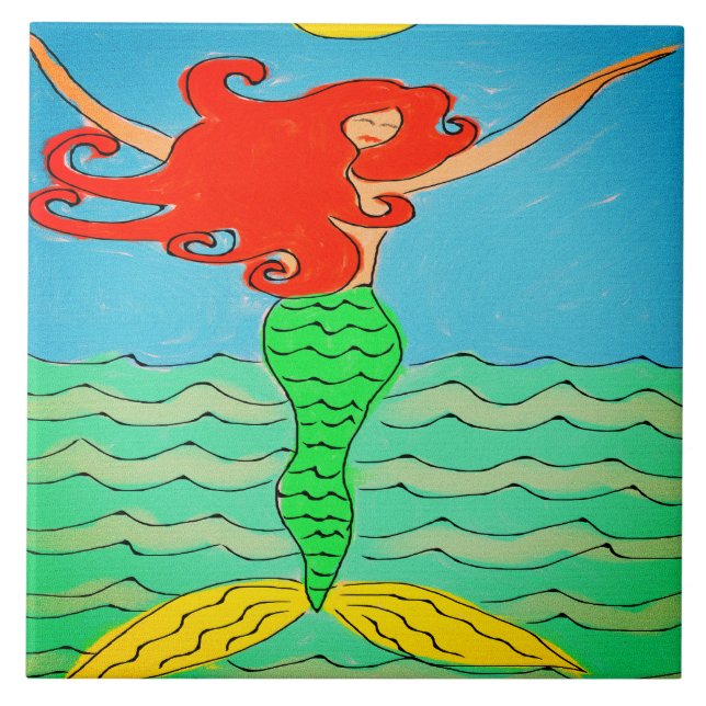 Mermaid with Red Hair Abstract Painting Ceramic Tile (Front)