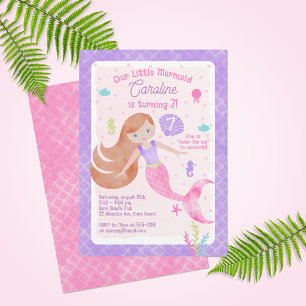 Mermaid with Red Hair Pink & Purple Birthday Invitation