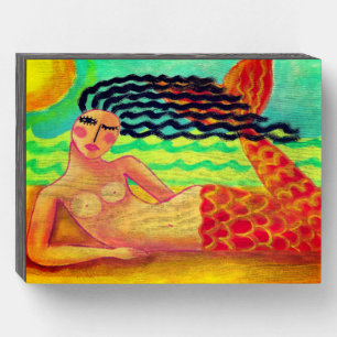 Mermaid with Red Tail Abstract Painting Wooden Box Sign