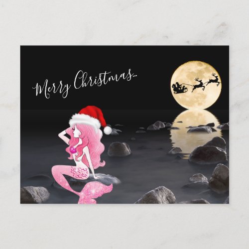 Mermaid with Santa and Sleigh Merry Christmas Holiday Postcard