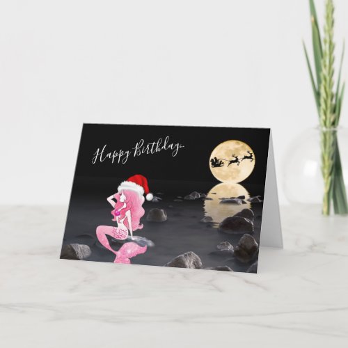 Mermaid with Santa Hat Full Moon Happy Birthday Card