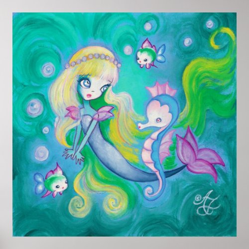 Mermaid With Sea Horse And Fish Poster