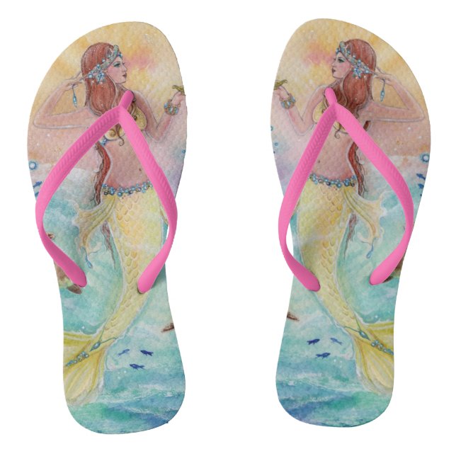 Mermaid with sea turtle art by Renee Lavoie Flip Flops (Footbed)