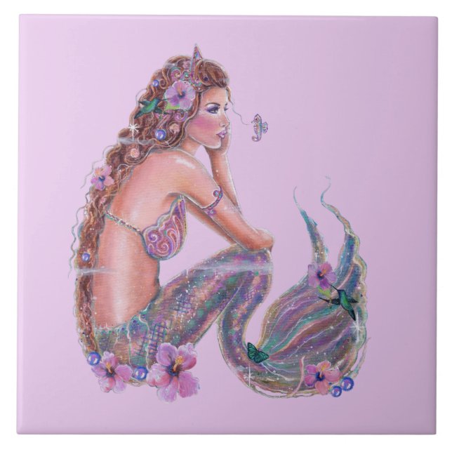 Mermaid with seahorses art by Renee Lavoie Ceramic Ceramic Tile (Front)
