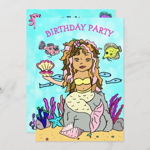 Mermaid with Shell Under the Sea Birthday Party Invitation
