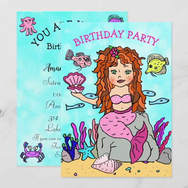Mermaid with Shell Under the Sea Birthday Party Invitation (Front/Back)