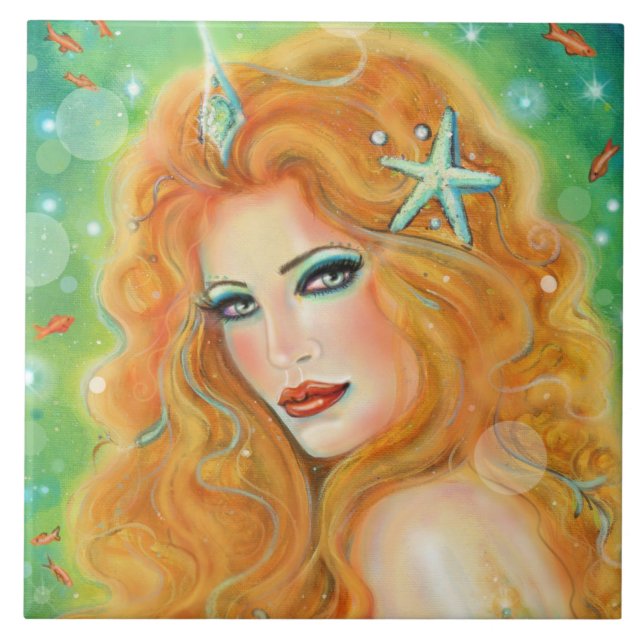 Mermaid with tropical fish art by Renee Lavoie   Ceramic Tile (Front)