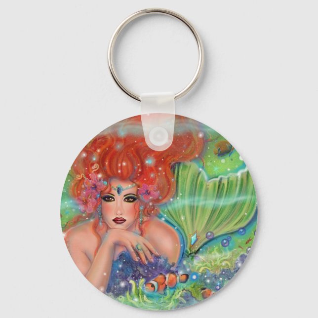 Mermaid with tropical fish art by Renee Lavoie   Keychain (Front)