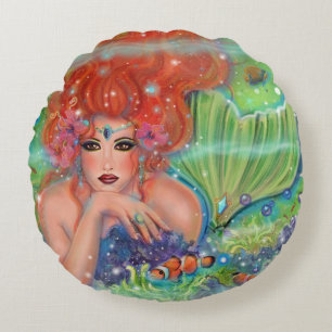 Mermaid with tropical fish art by Renee Lavoie Th Round Pillow