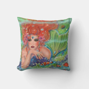 Mermaid with tropical fish art by Renee Lavoie Throw Pillow