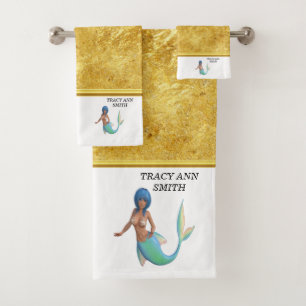 Mermaid with turquoise hair and tail bath towel set