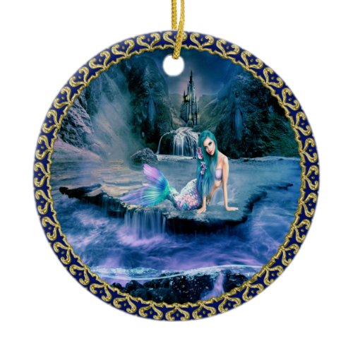 Mermaid with turquoise hair ceramic ornament