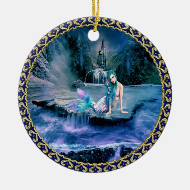 Mermaid with turquoise hair ceramic ornament (Front)