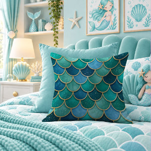 Mermaidcore Aqua Scales Sparkle Throw Pillow Cover