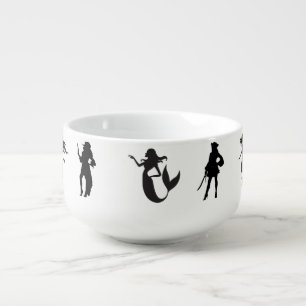 Mermaids and Girl Pirates in Black Silhouettes Soup Mug