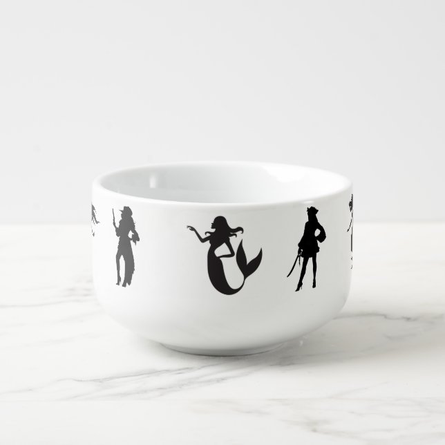 Mermaids and Girl Pirates in Black Silhouettes Soup Mug (Front)