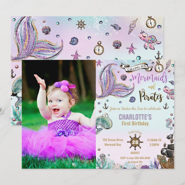 Mermaids and Pirates 1st Joint Birthday Photo Invitation (Front/Back)