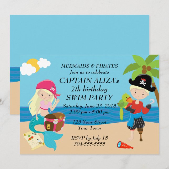 Mermaids and Pirates Birthday Party Invitation (Front/Back)