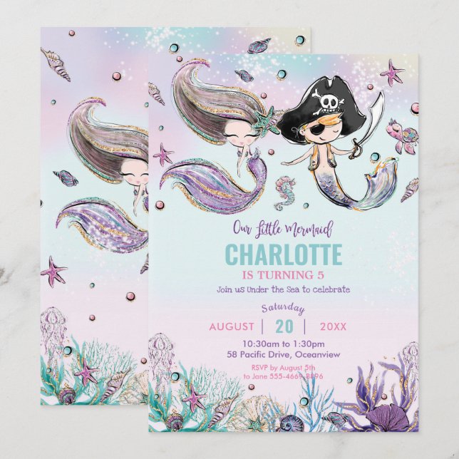 Mermaids and Pirates Boy Girl Joint Birthday Party Invitation (Front/Back)
