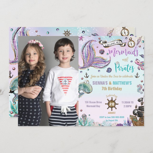 Mermaids and Pirates Joint Birthday Ocean Photo Invitation (Front/Back)