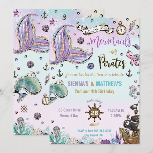 Mermaids and Pirates Joint Birthday Under the Sea Invitation (Front/Back)