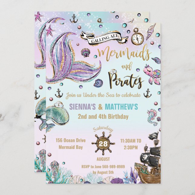 Mermaids and Pirates Twins Birthday Under the Sea Invitation (Front/Back)