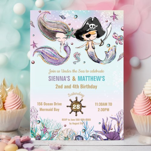 Mermaids and Pirates Twins Siblings Joint Birthday Invitation