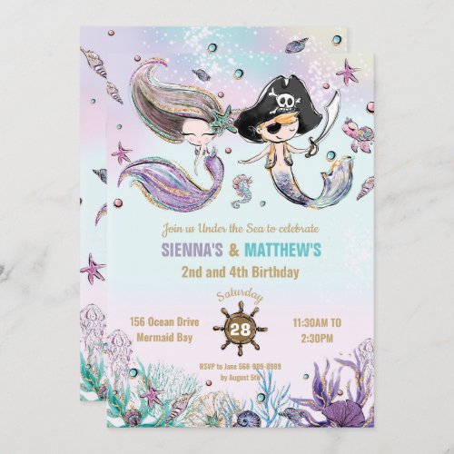 Mermaids and Pirates Twins Siblings Joint Birthday Invitation