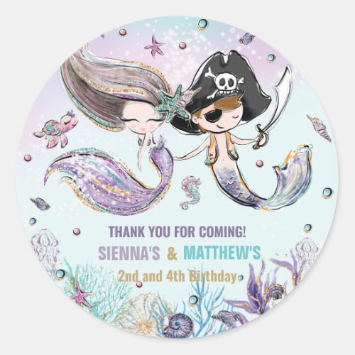 Mermaids and Pirates Under the Sea Joint Birthday Classic Round Sticker