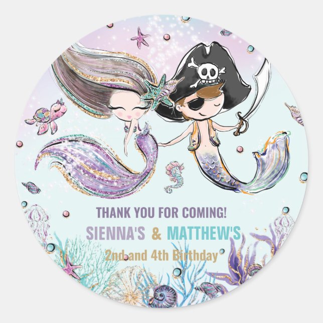 Mermaids and Pirates Under the Sea Joint Birthday Classic Round Sticker (Front)