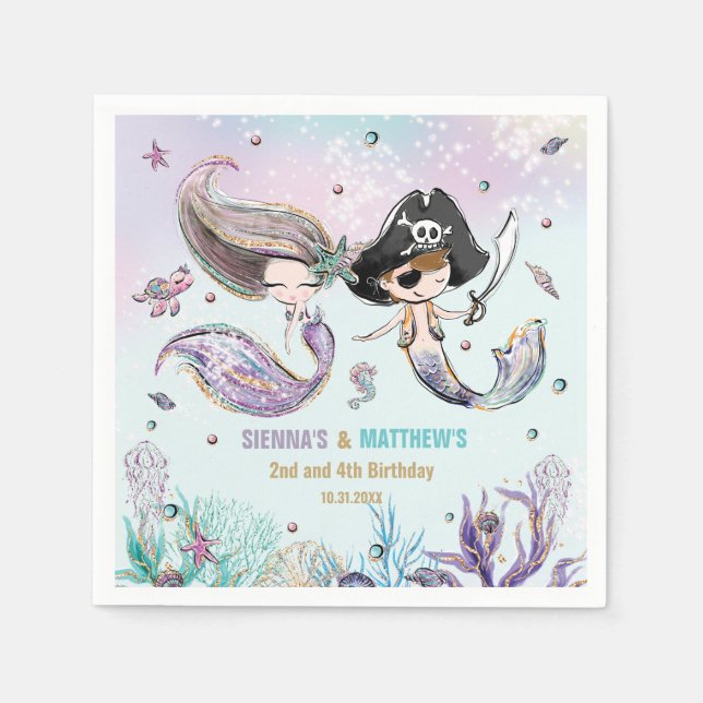 Mermaids and Pirates Under the Sea Joint Birthday Napkins (Front)