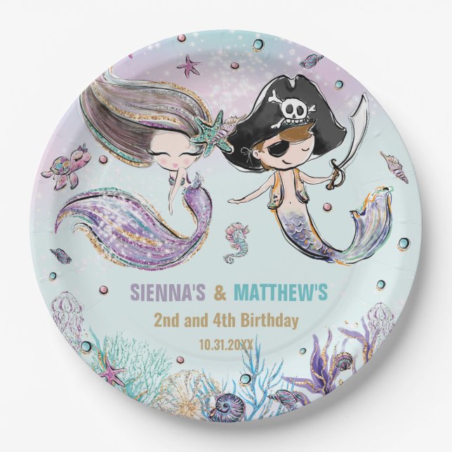 Mermaids and Pirates Under the Sea Joint Birthday Paper Plates (Front)