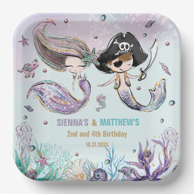 Mermaids and Pirates Under the Sea Joint Birthday Paper Plates (Front)