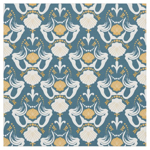 Mermaids and Seashells Damask Pattern Fabric