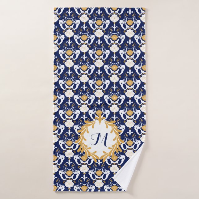 Mermaids and Seashells Damask Pattern Monogrammed Bath Towel (Bath Towel)