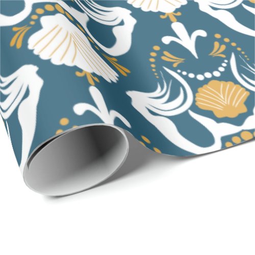 Mermaids and Seashells Damask Pattern Wrapping Paper