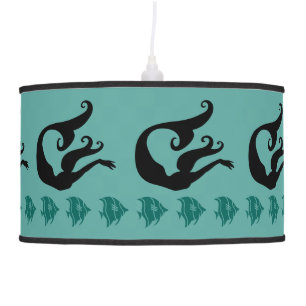 Mermaids / angel fish black on blue pendant lamp